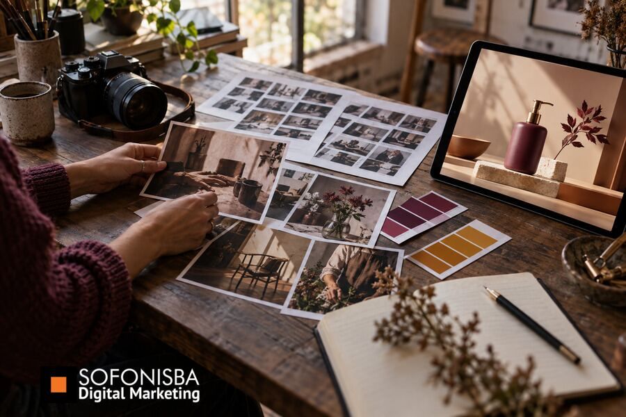 Fotografie autentiche e immagini digitali confrontate su un tavolo creativo per definire l’identità visiva di un brand.