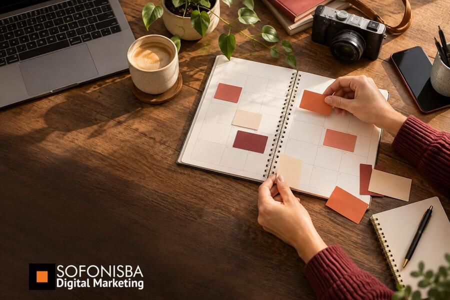 Piano editoriale aperto con schede mobili, computer, smartphone e fotocamera organizzati su un tavolo di lavoro.