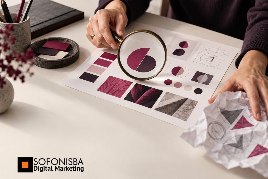 Una persona osserva con una lente alcuni elementi di identità visiva prima di decidere se cambiare il brand.