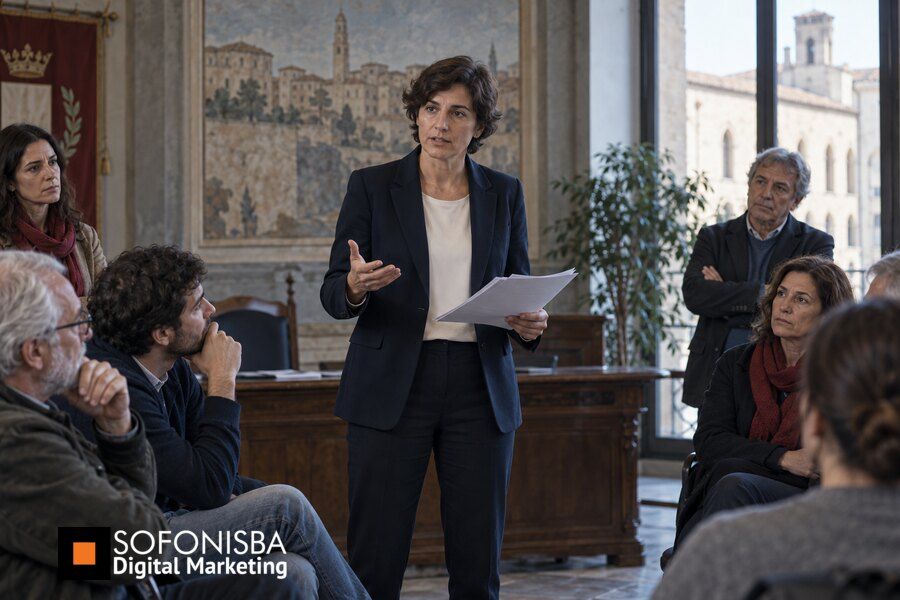 Rappresentante politico spiega una decisione complessa a un gruppo di cittadini usando documenti e parole chiare.