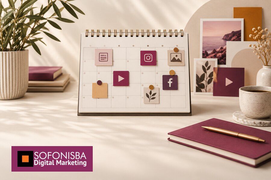Calendario editoriale con frequenze diverse per blog, Instagram, Facebook e video, organizzate secondo risorse sostenibili.